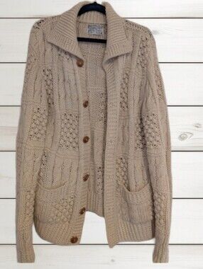 Vintage Sears Cable Knit Grandpa Cardigan Cream Fisherman Sweater With Pockets